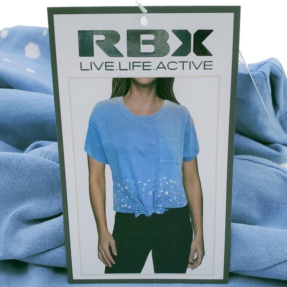 RBX Mineral Washed w/ Speckle Pattern Tie Front T-Shirt Corn Flower Blue Large - Picture 3 of 4